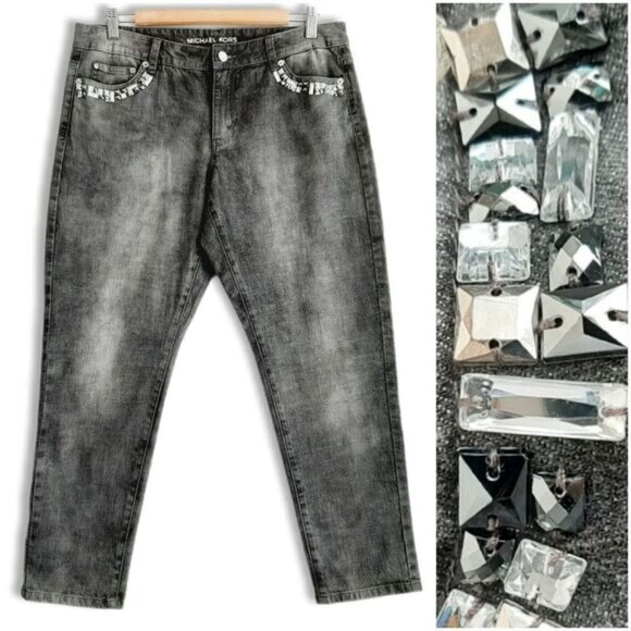 MICHAEL KORS / Jewelled Gem Pocket Cropped Skinny Jeans Grey Sz 10 - Picture 1 of 11